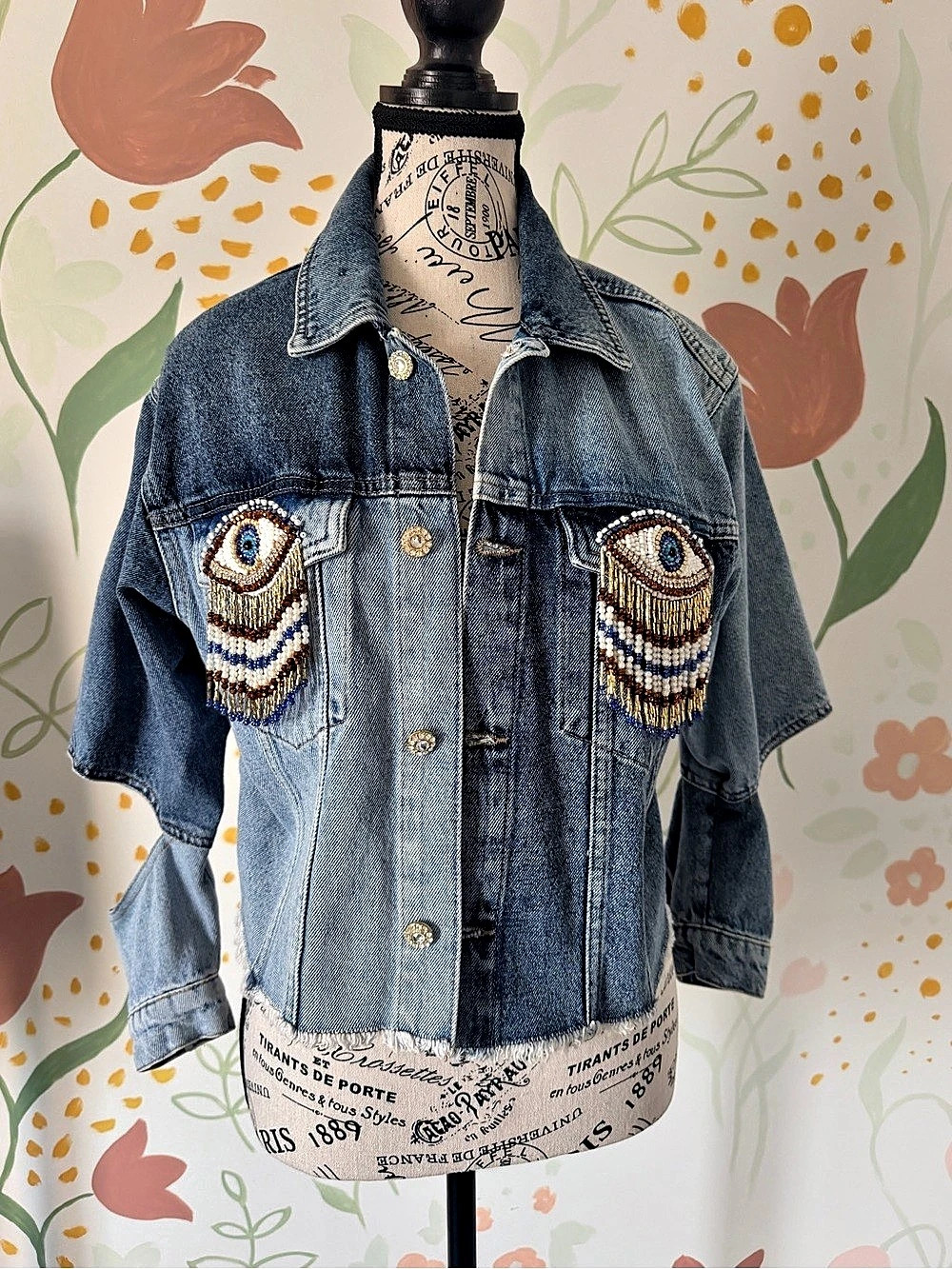 One-of-a-Kind Evil Eye Beaded Denim Jacket S/M